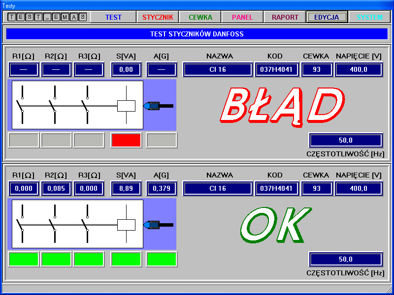 Rys. 7. Okno TEST komputerowego programu TEST_EMAS_2 sterującego testerem styczników w zakładach DANFOSS.